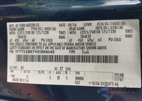 2017 Ford F-250 Xl z USA, uszkodzony, nr VIN 1FT7X2B67HEB68045